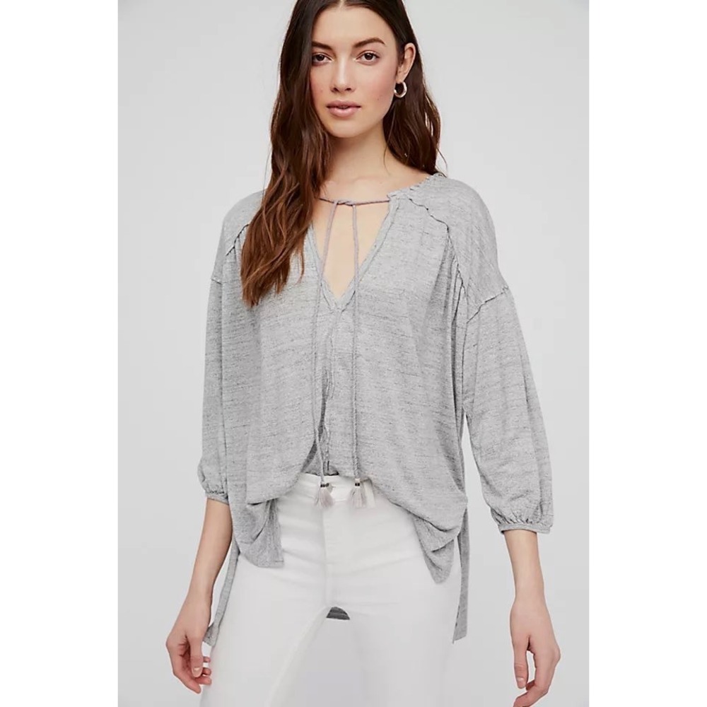 We The Free Grey Just a Henley V-Neck Linen Blend Oversized Boho Top Small